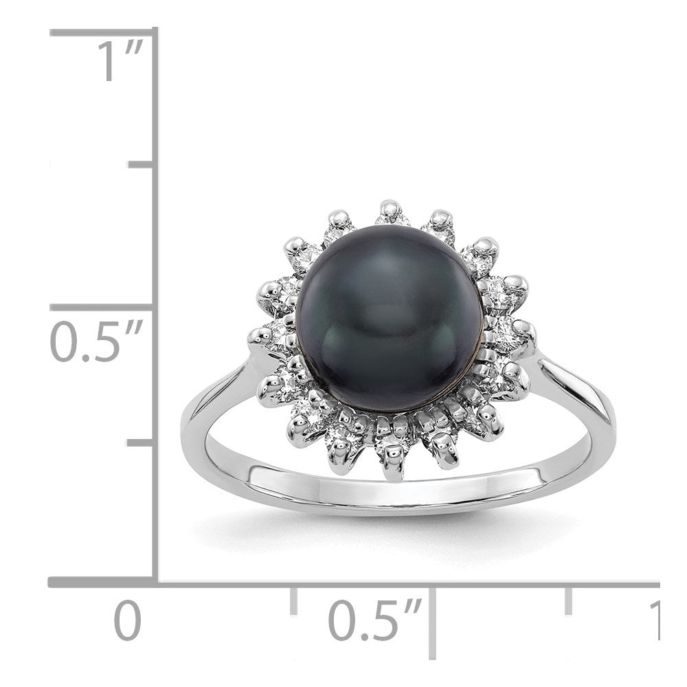 14k White Gold 7.5mm Black Freshwater Cultured Pearl and 1/4 carat A Diamond Halo Ring