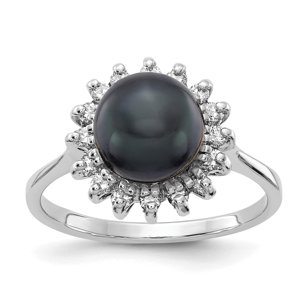 14k White Gold 7.5mm Black Freshwater Cultured Pearl and 1/4 carat VS Diamond Halo Ring