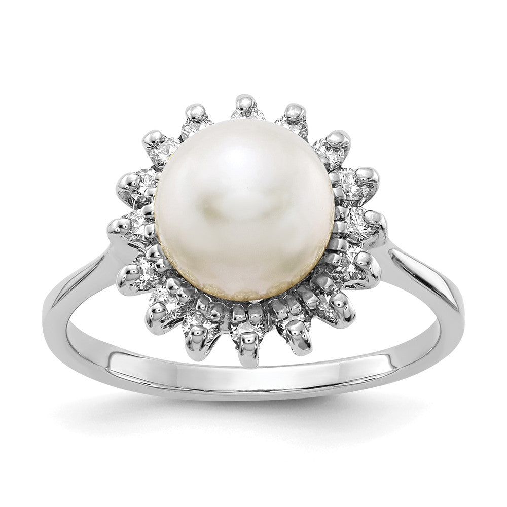 14k White Gold 7.5mm White Freshwater Cultured Pearl and 1/4 carat AA Diamond Halo Ring