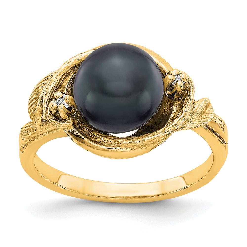 14k 7.5mm Black Freshwater Cultured Pearl and VS Diamond Swirl Ring