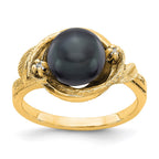 14k 7.5mm Black Freshwater Cultured Pearl and AAA Diamond Swirl Ring