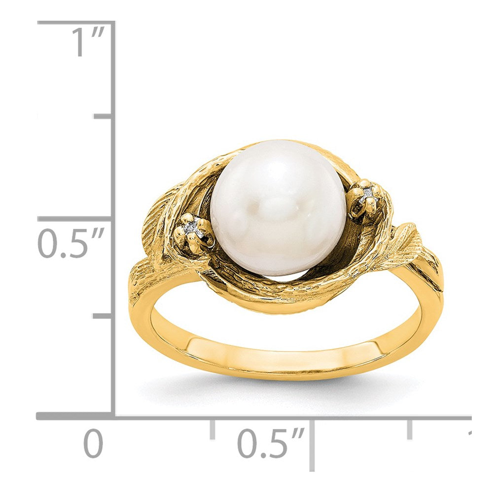 14k 7.5mm White Freshwater Cultured Pearl and AAA Diamond Swirl Ring