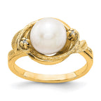 14k 7.5mm White Freshwater Cultured Pearl and VS Diamond Swirl Ring
