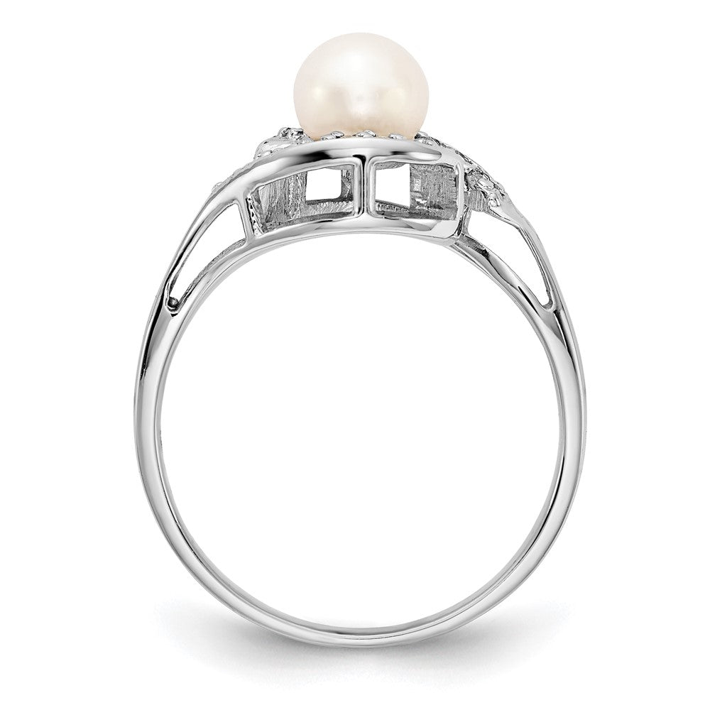 14k White Gold 5.5mm White Freshwater Cultured Pearl and 1/20 carat AA Diamond Bypass Ring