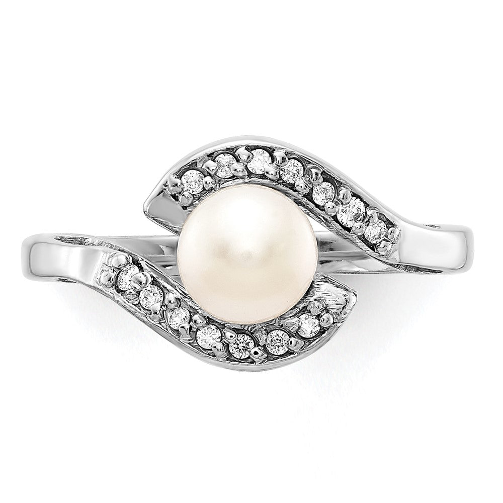 14k White Gold 5.5mm White Freshwater Cultured Pearl and 1/20 carat AA Diamond Bypass Ring