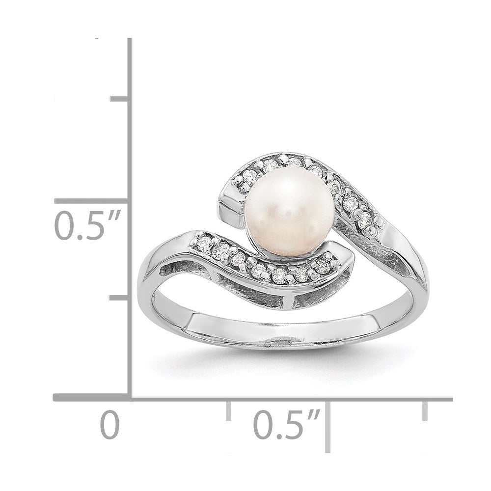 14k White Gold 5.5mm White Freshwater Cultured Pearl and 1/20 carat A Diamond Bypass Ring