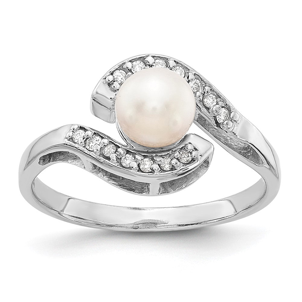 14k White Gold 5.5mm White Freshwater Cultured Pearl and 1/20 carat AAA Diamond Bypass Ring