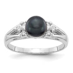 14k White Gold 6mm Black Freshwater Cultured Pearl and 1/10 carat AAA Diamond Ring