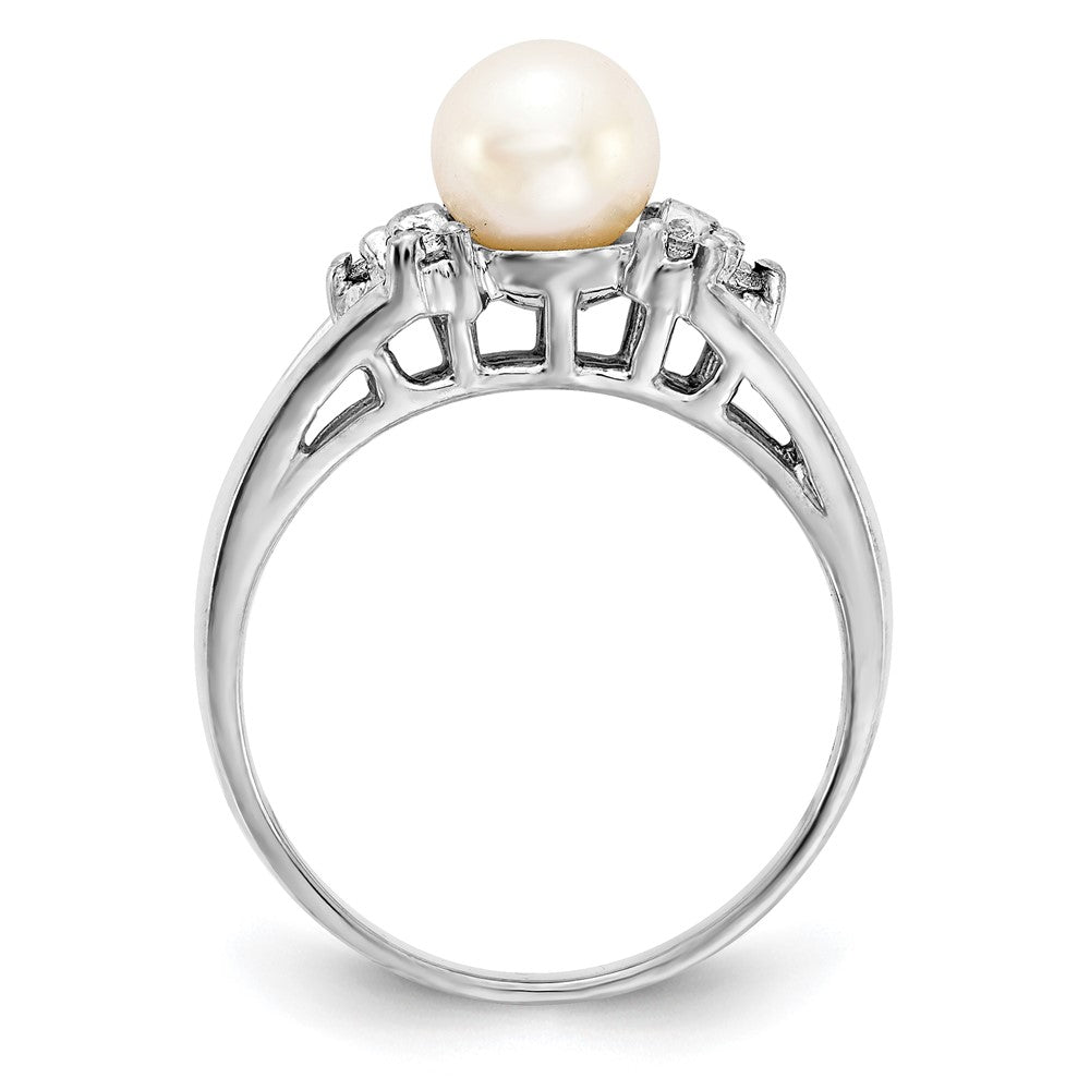 14k White Gold 6mm White Freshwater Cultured Pearl and 1/10 carat AA Diamond Ring