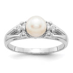 14k White Gold 6mm White Freshwater Cultured Pearl and 1/10 carat AAA Diamond Ring