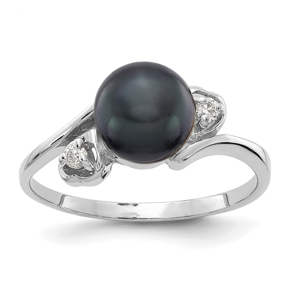 14k White Gold 7mm Black Freshwater Cultured Pearl and 1/20 carat AAA Diamond Ring