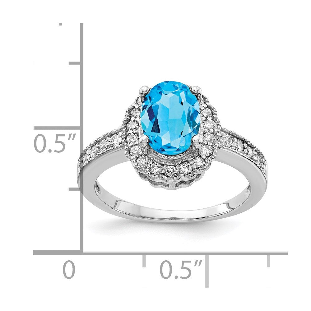 14k White Gold 8x6mm Oval Blue Topaz and 1/3 carat AA Diamond Halo Ring