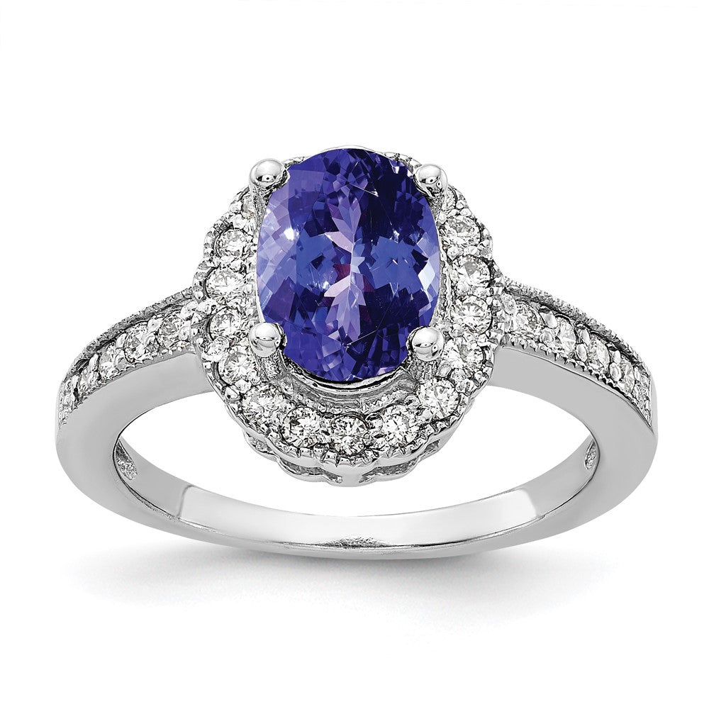 14k White Gold 8x6mm Oval Tanzanite and 1/4 carat A Diamond Halo Ring