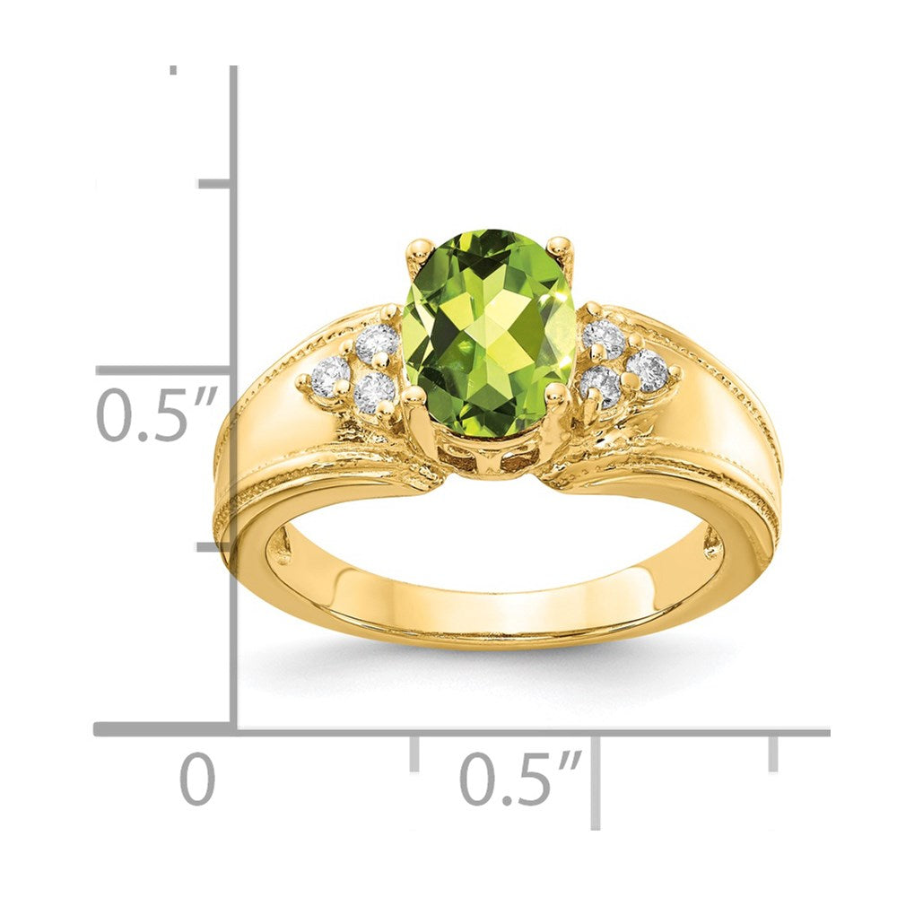 14k 8x6mm Oval Peridot and 1/10 carat AA Diamond Ring
