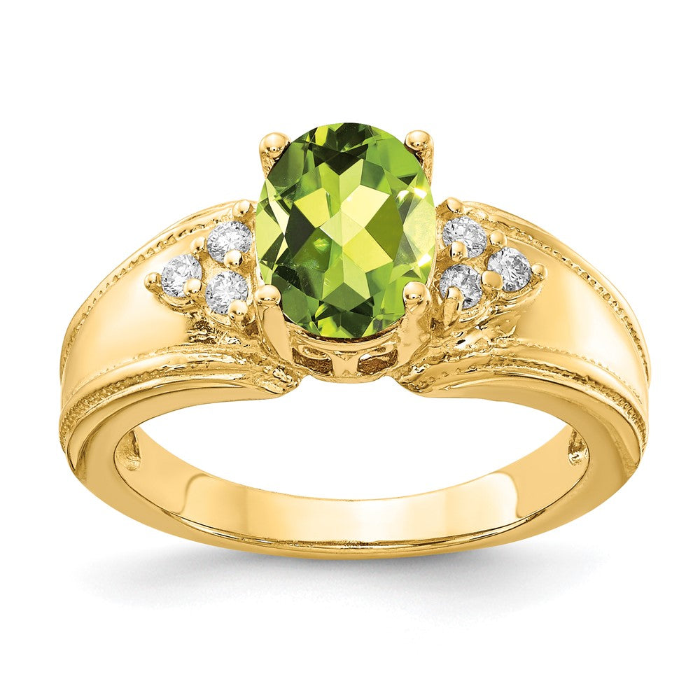 14k 8x6mm Oval Peridot and 1/10 carat AAA Diamond Ring