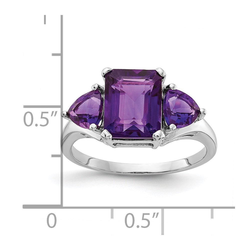 14k White Gold 9x7mm Emerald-cut and 5mm Trillion Amethyst 3-Stone Ring