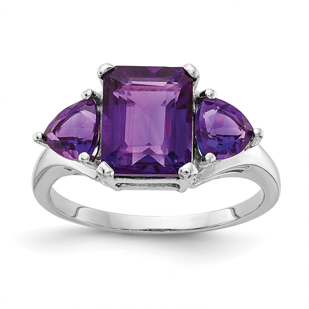 14k White Gold 9x7mm Emerald-cut and 5mm Trillion Amethyst 3-Stone Ring
