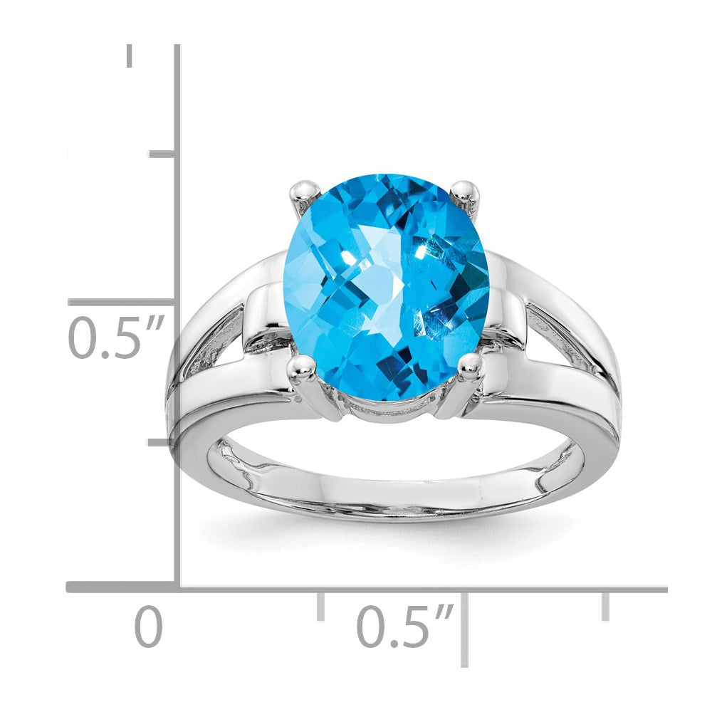 14k White Gold 11x9mm Oval Blue Topaz Checker-cut Ring