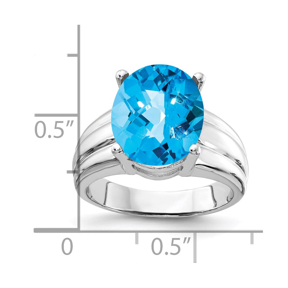 14k White Gold 12x10mm Oval Blue Topaz Checker-cut Ring