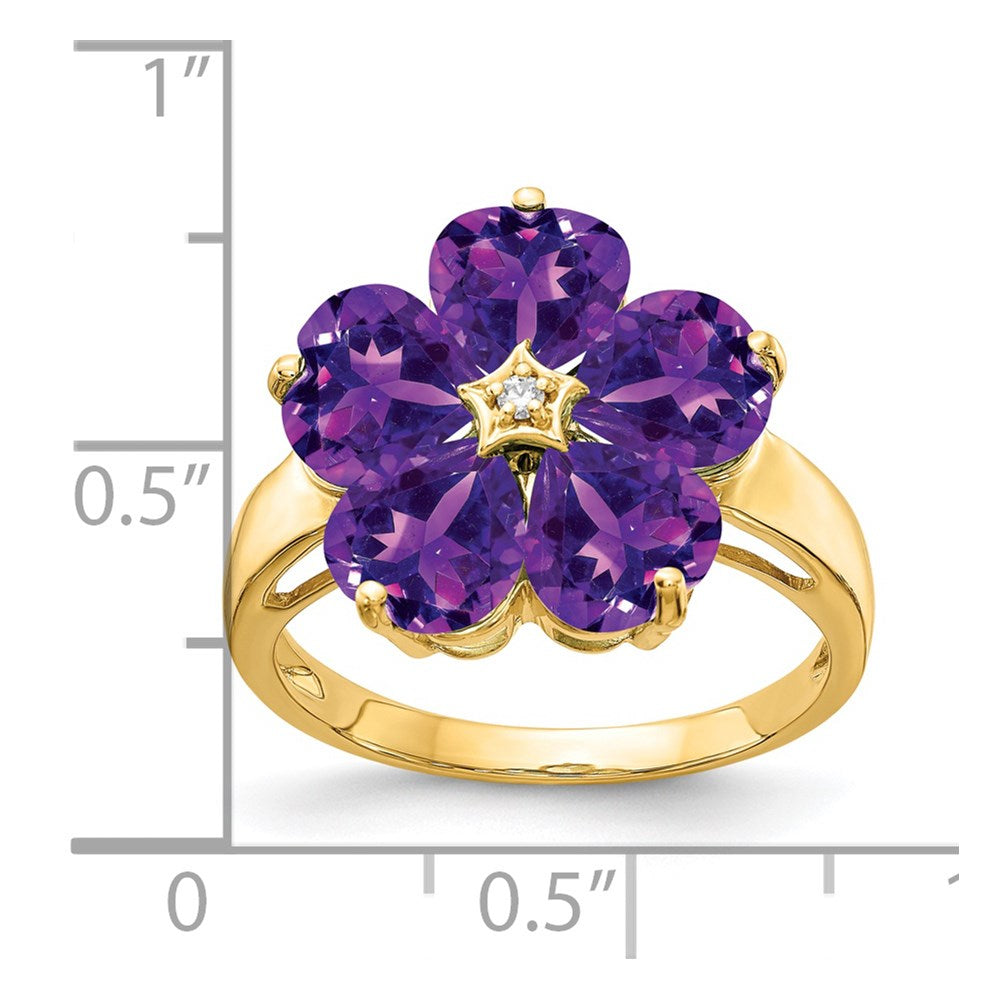 14k 6mm Heart Amethyst and AA Diamond Flower Ring