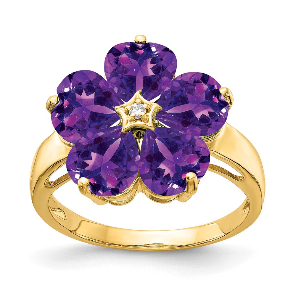14k 6mm Heart Amethyst and A Diamond Flower Ring