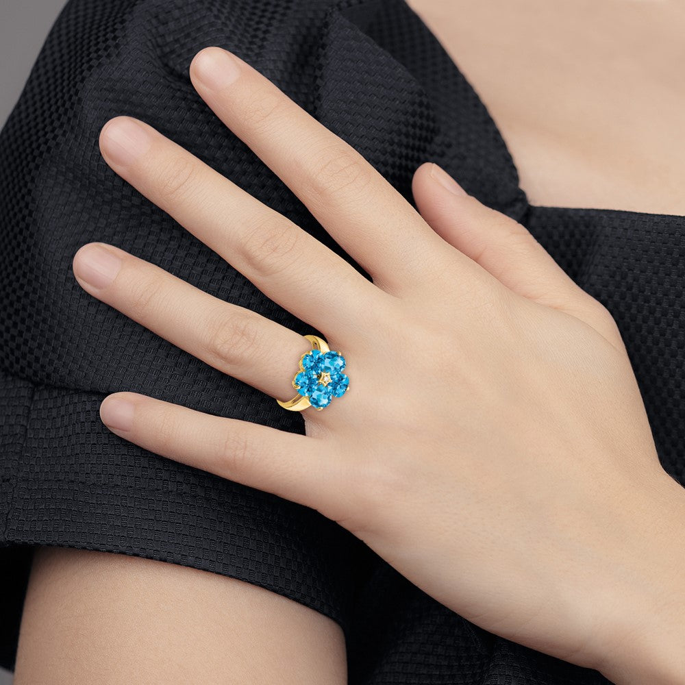 14k 6mm Heart Blue Topaz and AAA Diamond Flower Ring