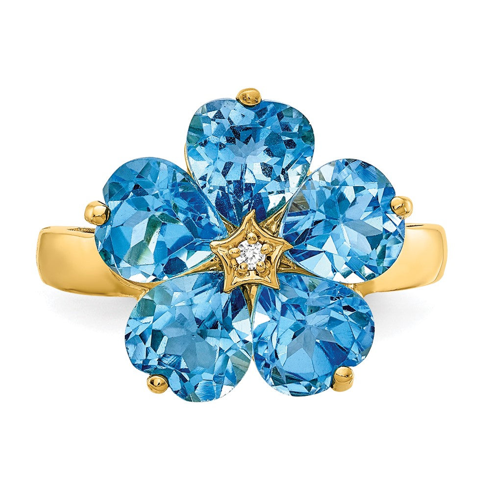 14k 6mm Heart Blue Topaz and A Diamond Flower Ring
