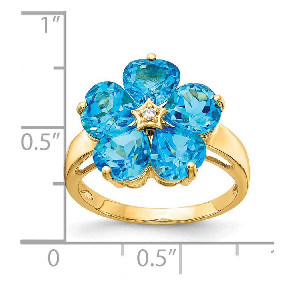14k 6mm Heart Blue Topaz and AA Diamond Flower Ring