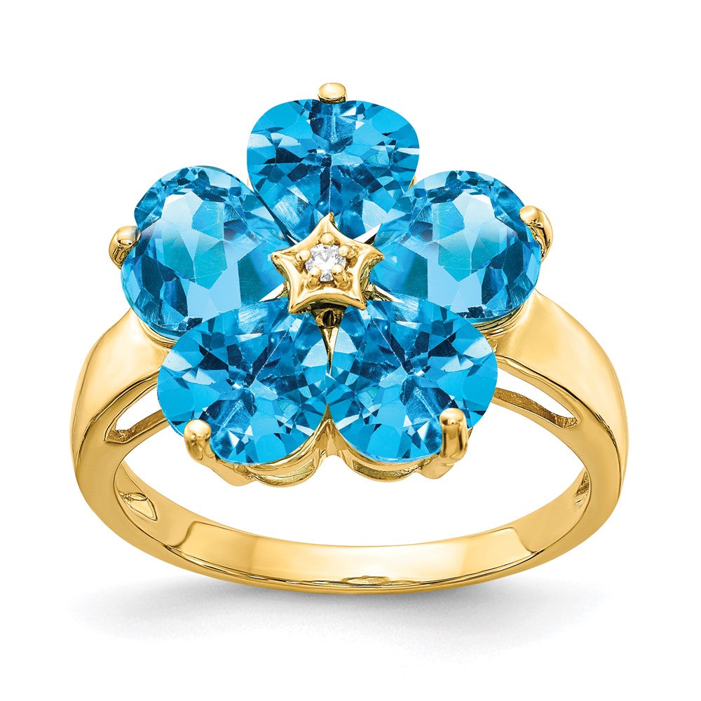 14k 6mm Heart Blue Topaz and VS Diamond Flower Ring