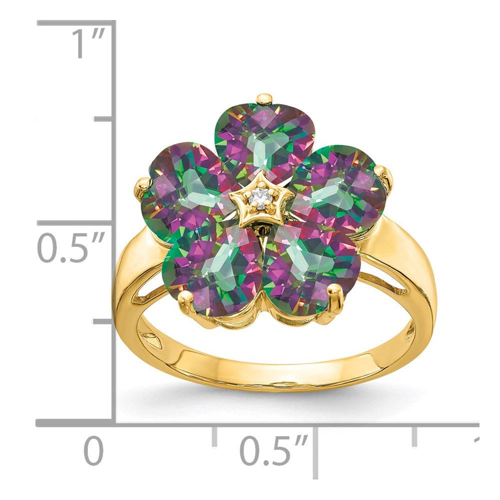 14k 6mm Heart Mystic Fire Topaz and AA Diamond Flower Ring