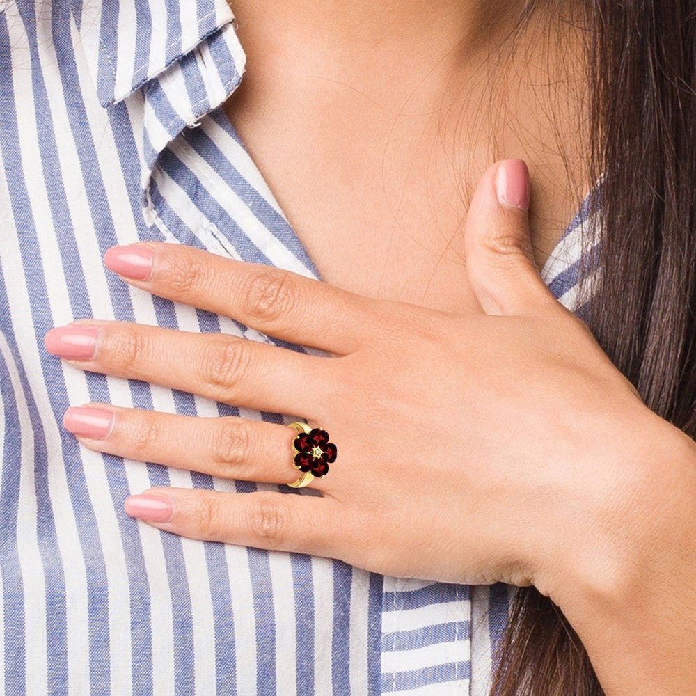 14k 6mm Heart Garnet and AAA Diamond Flower Ring