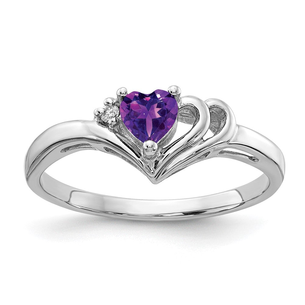 14k White Gold 4mm Heart Amethyst and AAA Diamond Ring