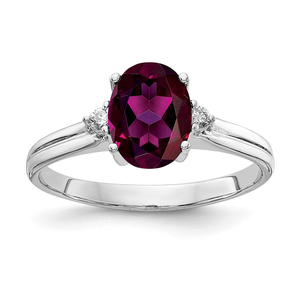 14k White Gold 8x6mm Oval Rhodolite Garnet and A Diamond Ring