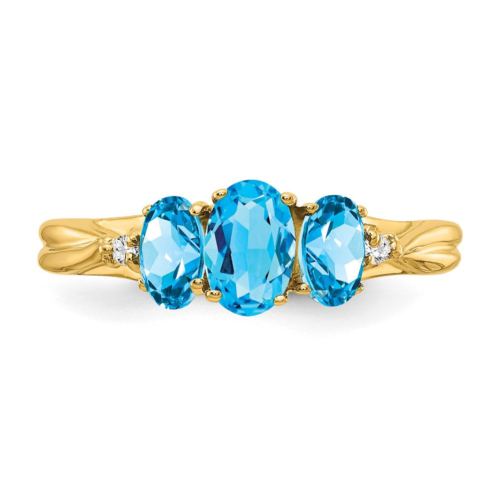 14k 6x4 / 5x3mm Oval Blue Topaz and Diamond 3-Stone Ring