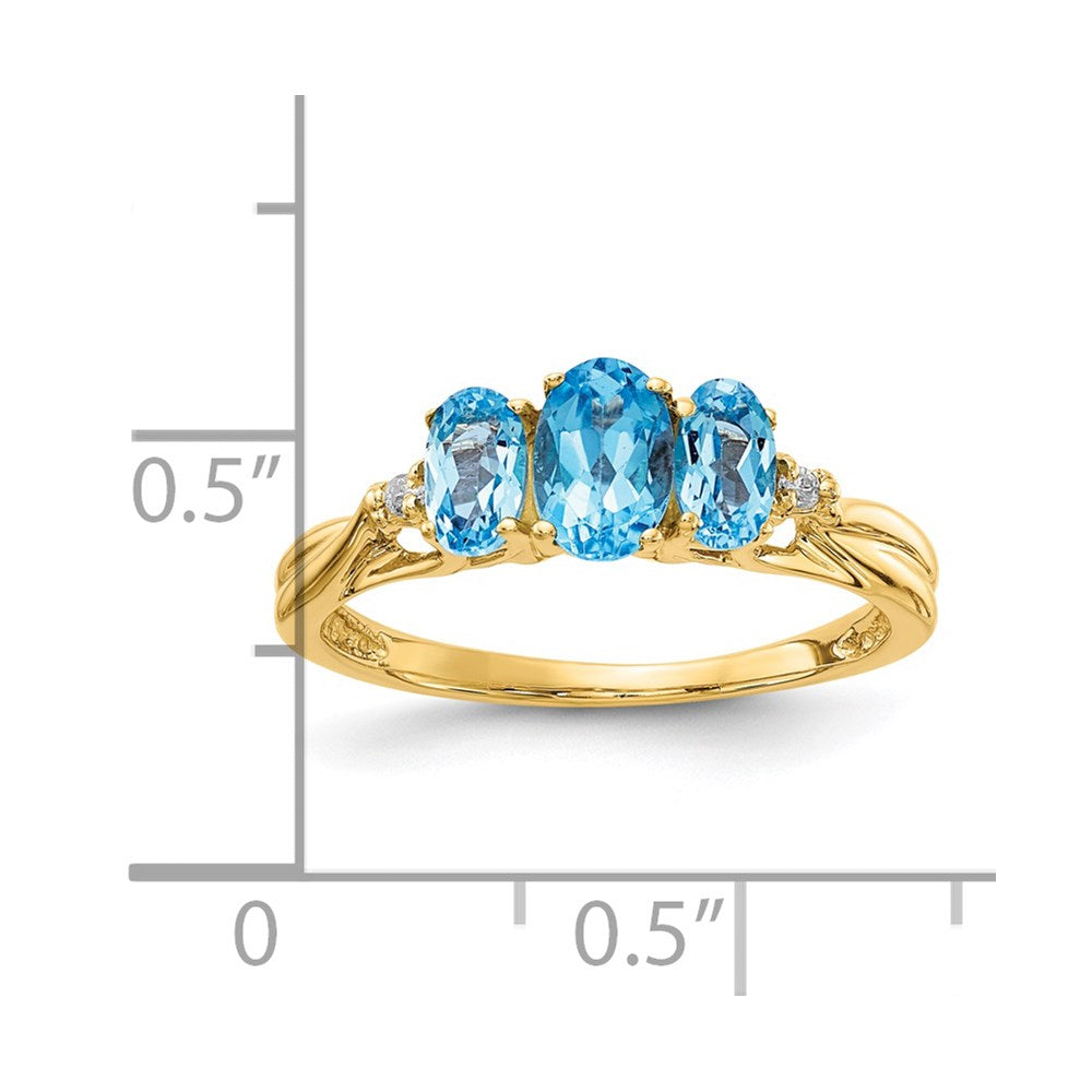 14k 6x4 / 5x3mm Oval Blue Topaz and Diamond 3-Stone Ring