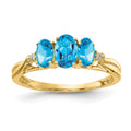 14k 6x4 / 5x3mm Oval Blue Topaz and Diamond 3-Stone Ring