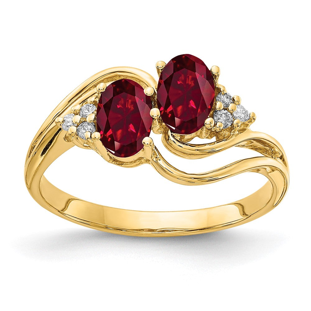 14k 6x4mm Oval Lab-Created Ruby and 1/20 carat A Diamond Two-Stone Ring