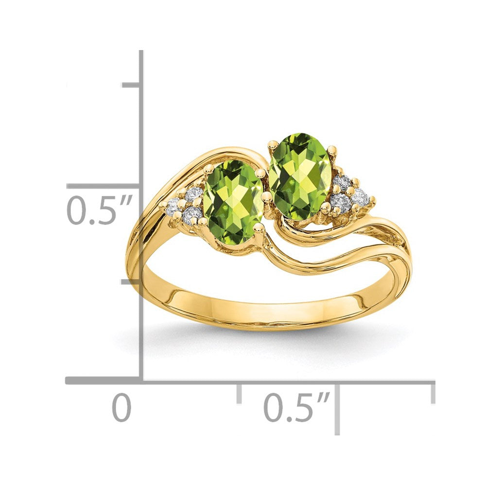 14k 6x4mm Oval Peridot and 1/20 carat AA Diamond 2-Stone Ring