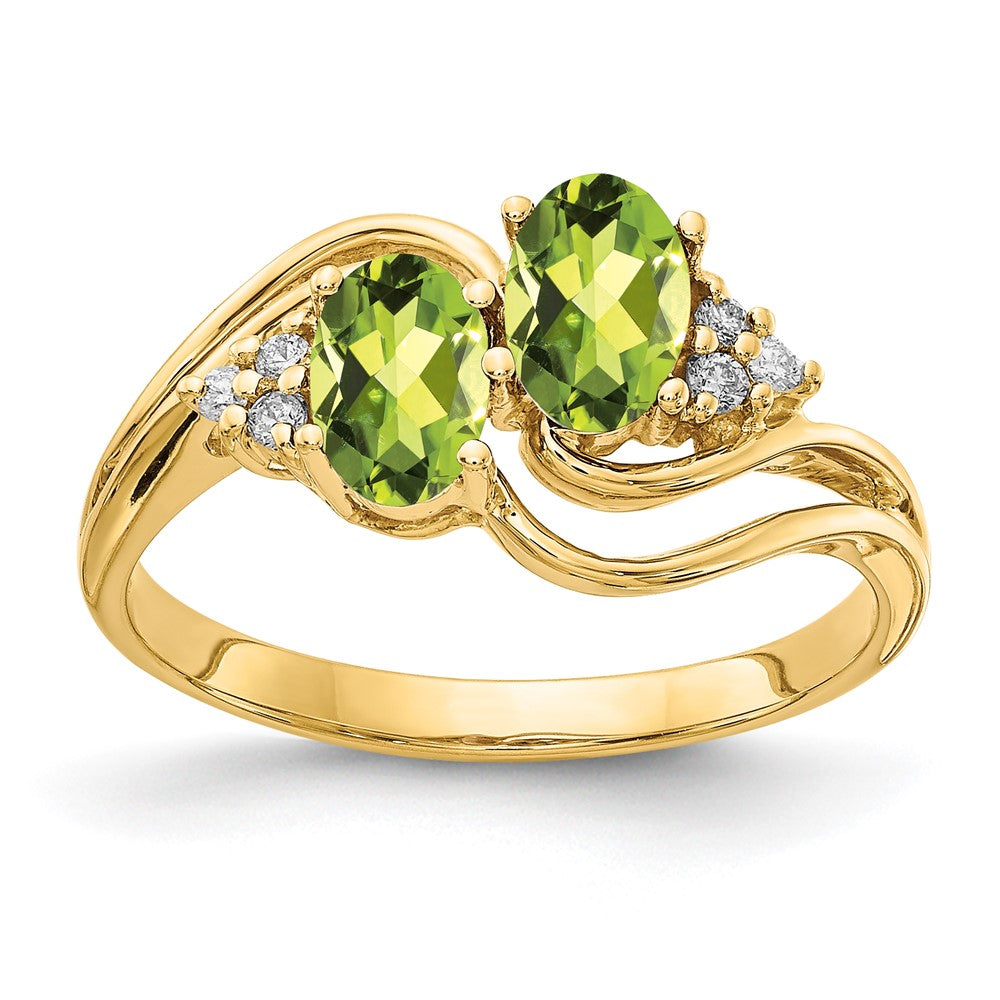14k 6x4mm Oval Peridot and 1/20 carat AA Diamond 2-Stone Ring