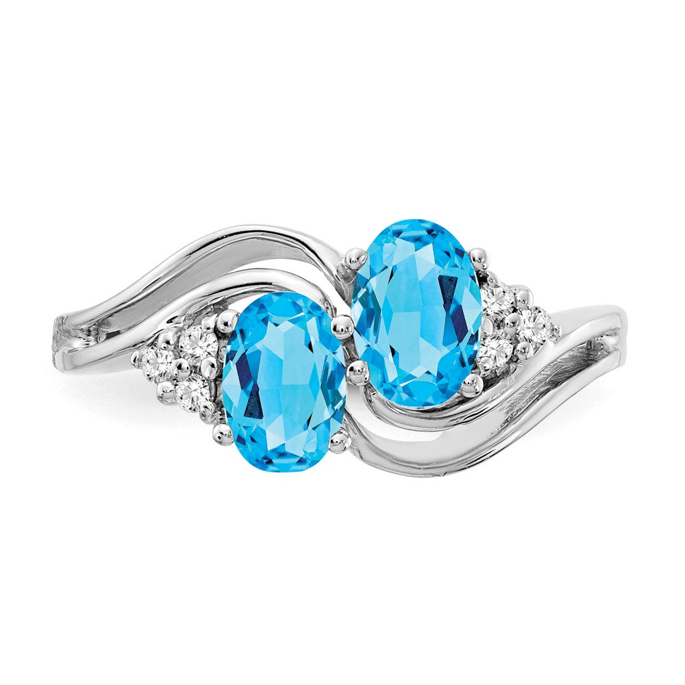 14k White Gold 6x4mm Oval Blue Topaz and 1/20 carat VS Diamond 2-Stone Ring