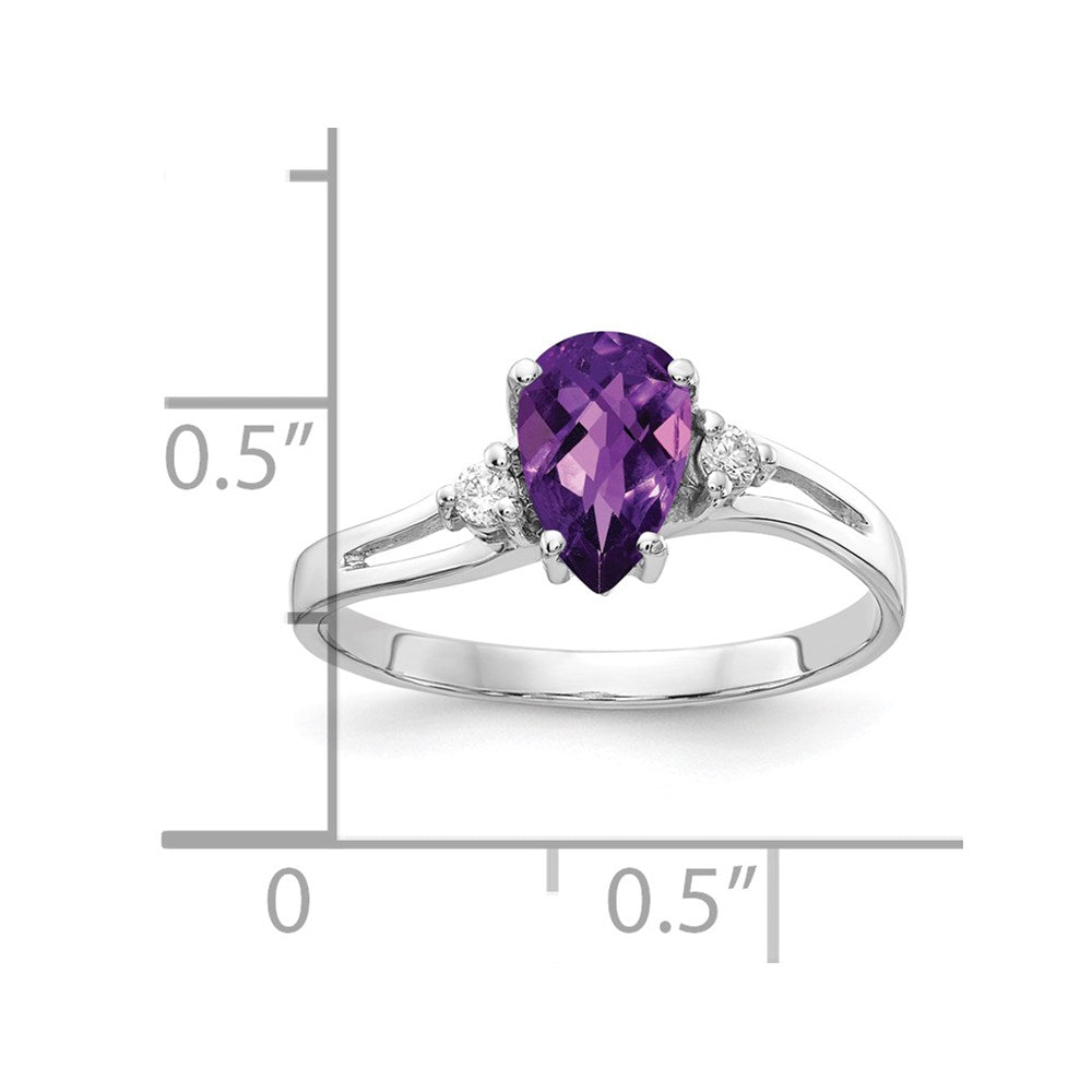 14k White Gold 7x5mm Checker-cut Pear Amethyst and 1/20 carat VS Diamond Ring
