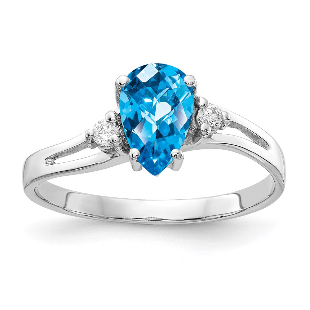 14k White Gold 7x5mm Pear Blue Topaz Checker-cut and 1/20 carat VS Diamond Ring