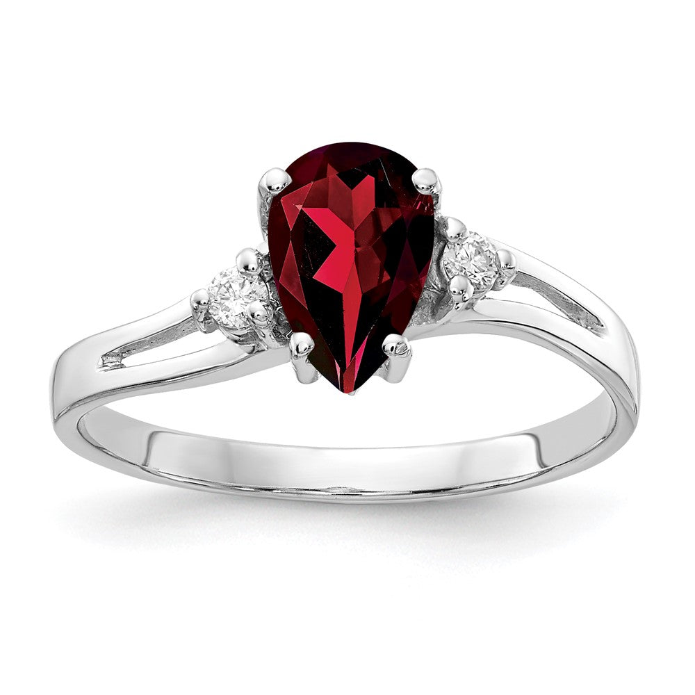 14k White Gold 7x5mm Pear Garnet and 1/20 carat AA Diamond Ring