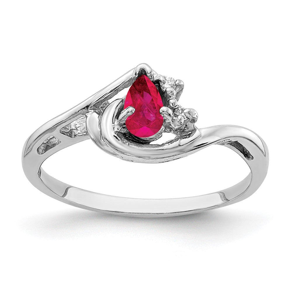 14k White Gold 5x3mm Pear Ruby and AAA Diamond Ring