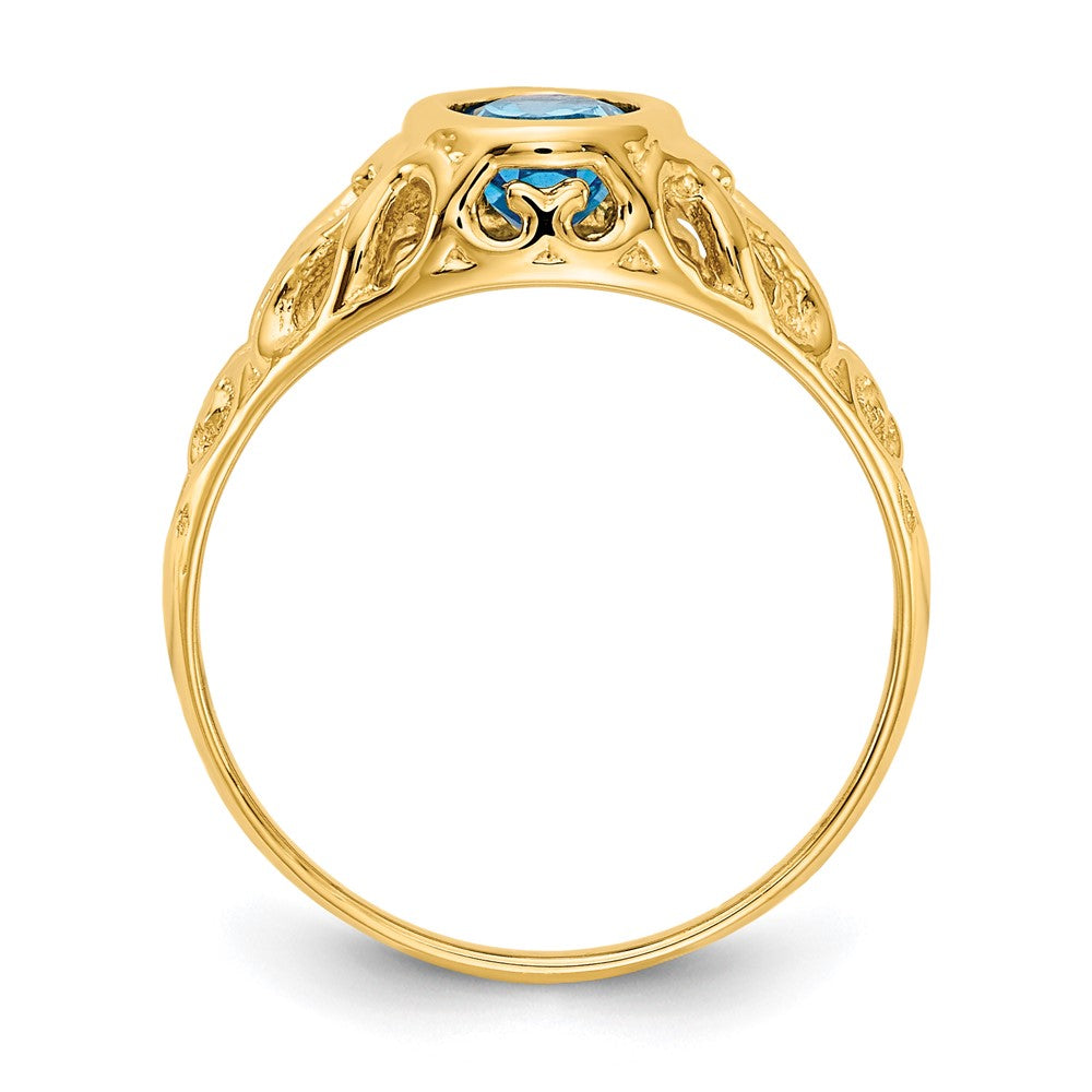 14k 7x5mm Oval Blue Topaz Bezel Heart Filigree Ring
