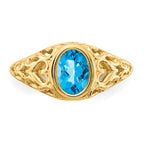 14k 7x5mm Oval Blue Topaz Bezel Heart Filigree Ring