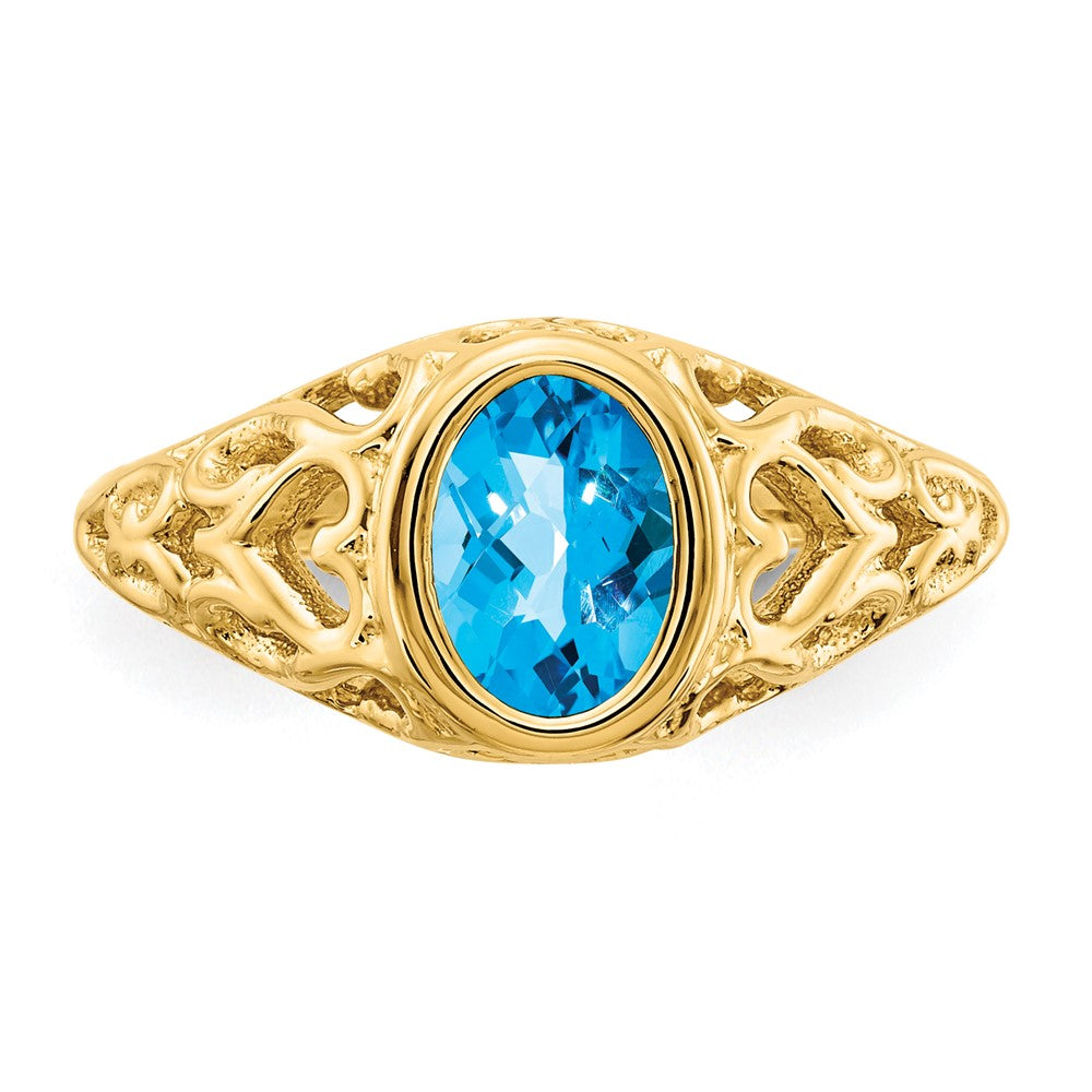14k 7x5mm Oval Blue Topaz Bezel Heart Filigree Ring