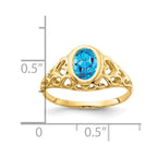 14k 7x5mm Oval Blue Topaz Bezel Heart Filigree Ring