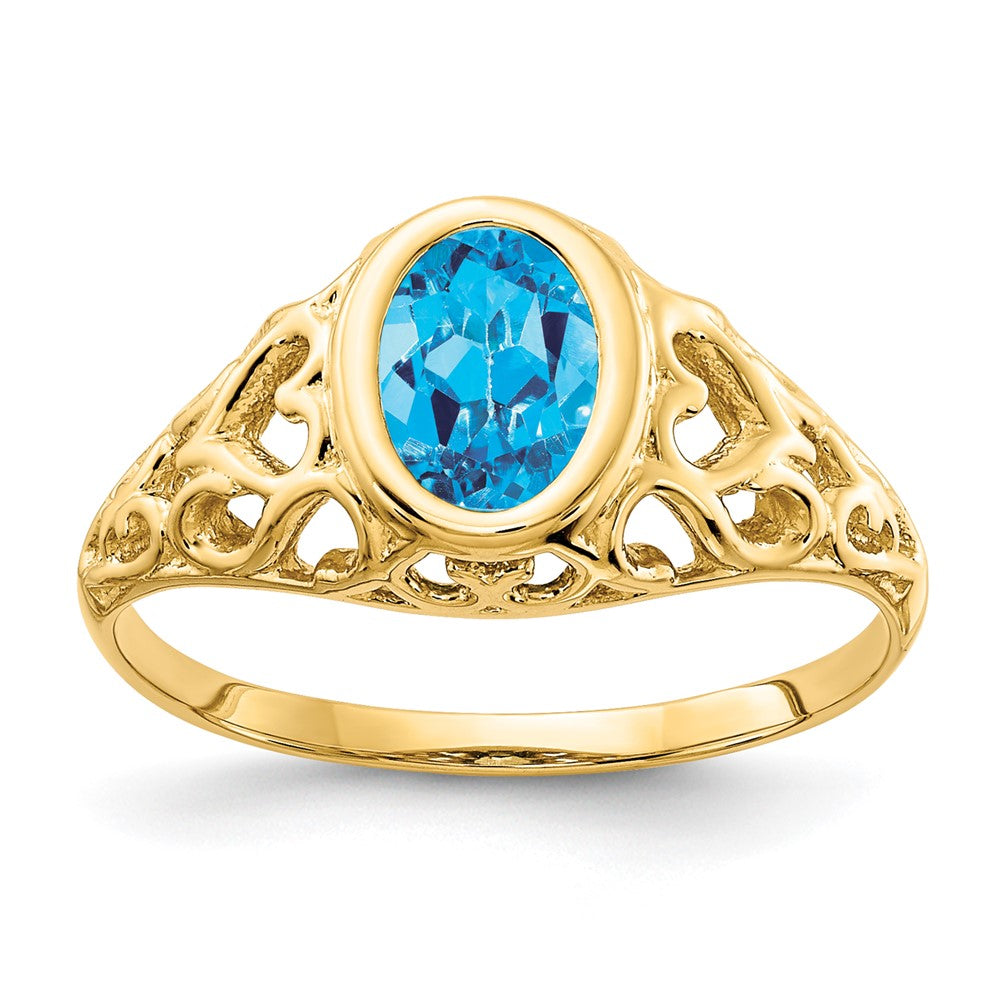14k 7x5mm Oval Blue Topaz Bezel Heart Filigree Ring