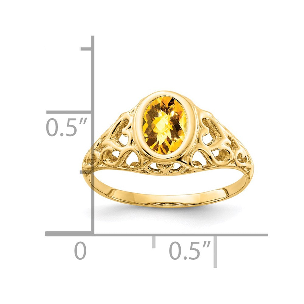 14k 7x5mm Oval Citrine Bezel Checker-cut Heart Filigree Ring